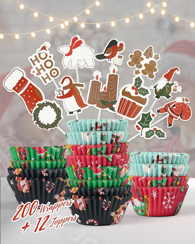 Bake Choice Standard 200 Pcs Christmas Cupcake Liners with 12 Pcs Cupcake Toppers, Christmas Muffin Liners, Baking Cups for Xmas Holiday Party Favors - Image 3